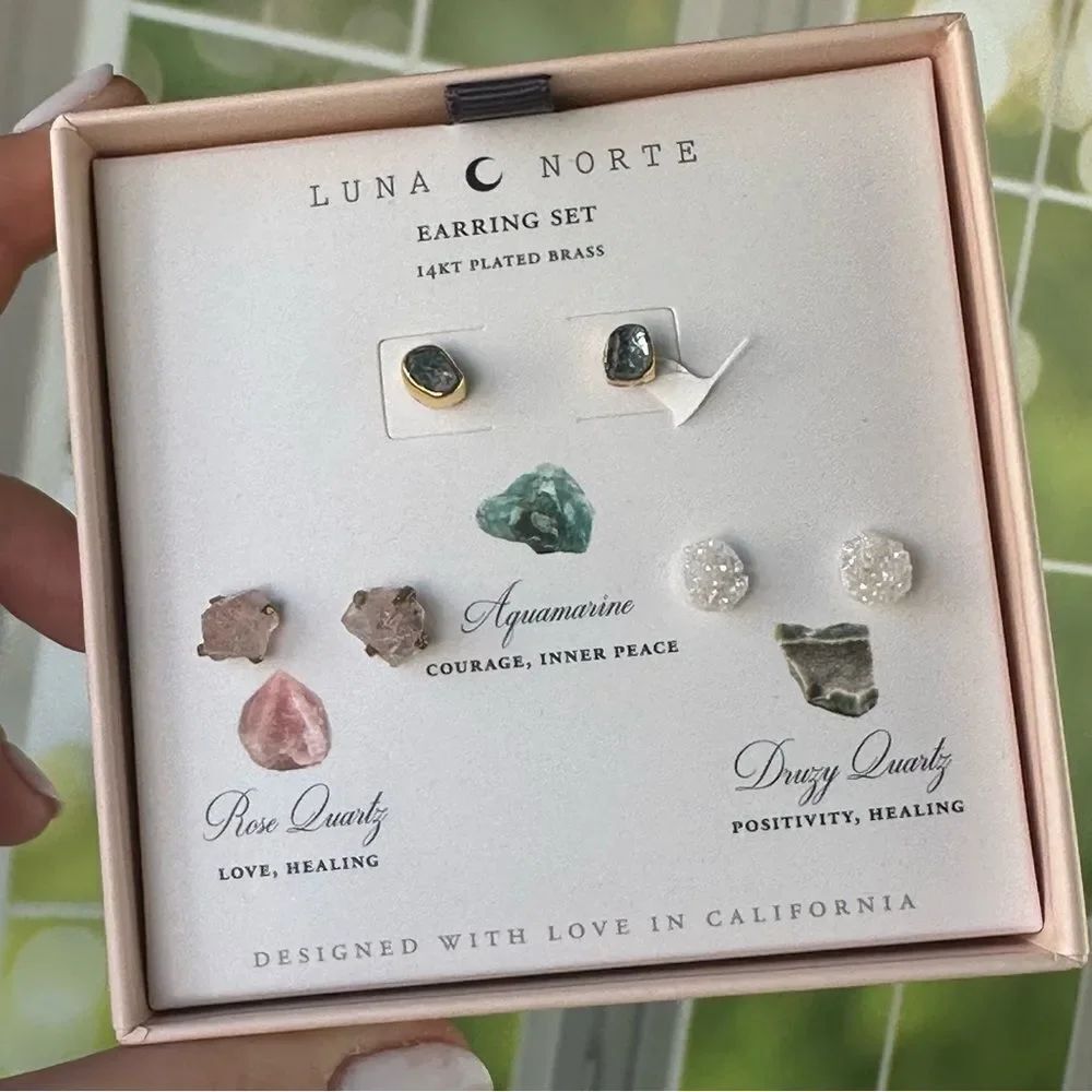 New Luna Norte Druzy Crystal Quartz 14k Plated Brass 3 pc. Earring Set